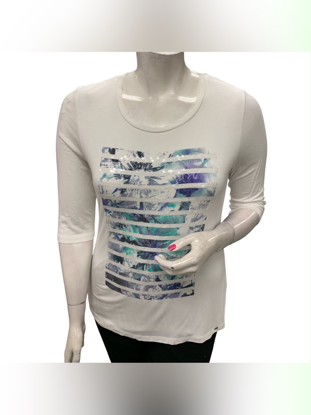 Olsen White Scoop Neck Long Sleeve Tee with Blue-Green Graphic Size L